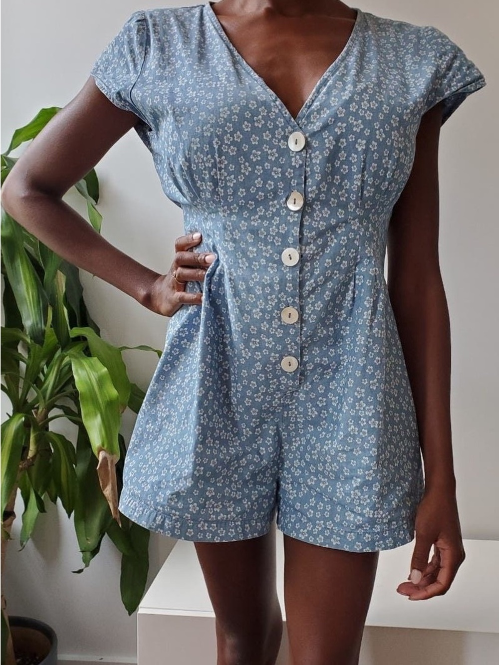 MINKPINK Blue Floral Button-Front Romper